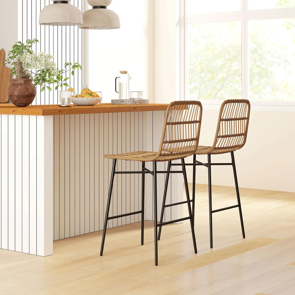 Conjunto de 2 Bancos Altos de Cozinha Bancos de Bar com Encosto e Assento em Vime Sintético 43x56x101 cm Castanho claro e preto