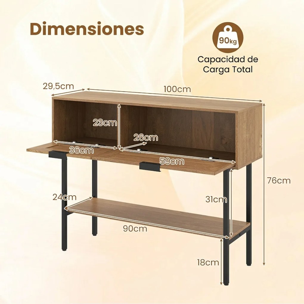 Mesa consola estreita em rattan PE 100 x 29,5 x 76 cm, com portas, prateleiras e estrutura metálica, para a sala de estar ou o hall de entrada Natural