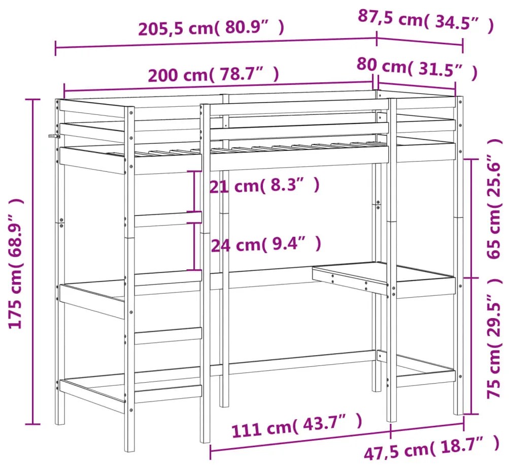 Cama alta c/ secretária 80x200 cm pinho maciço castanho-mel