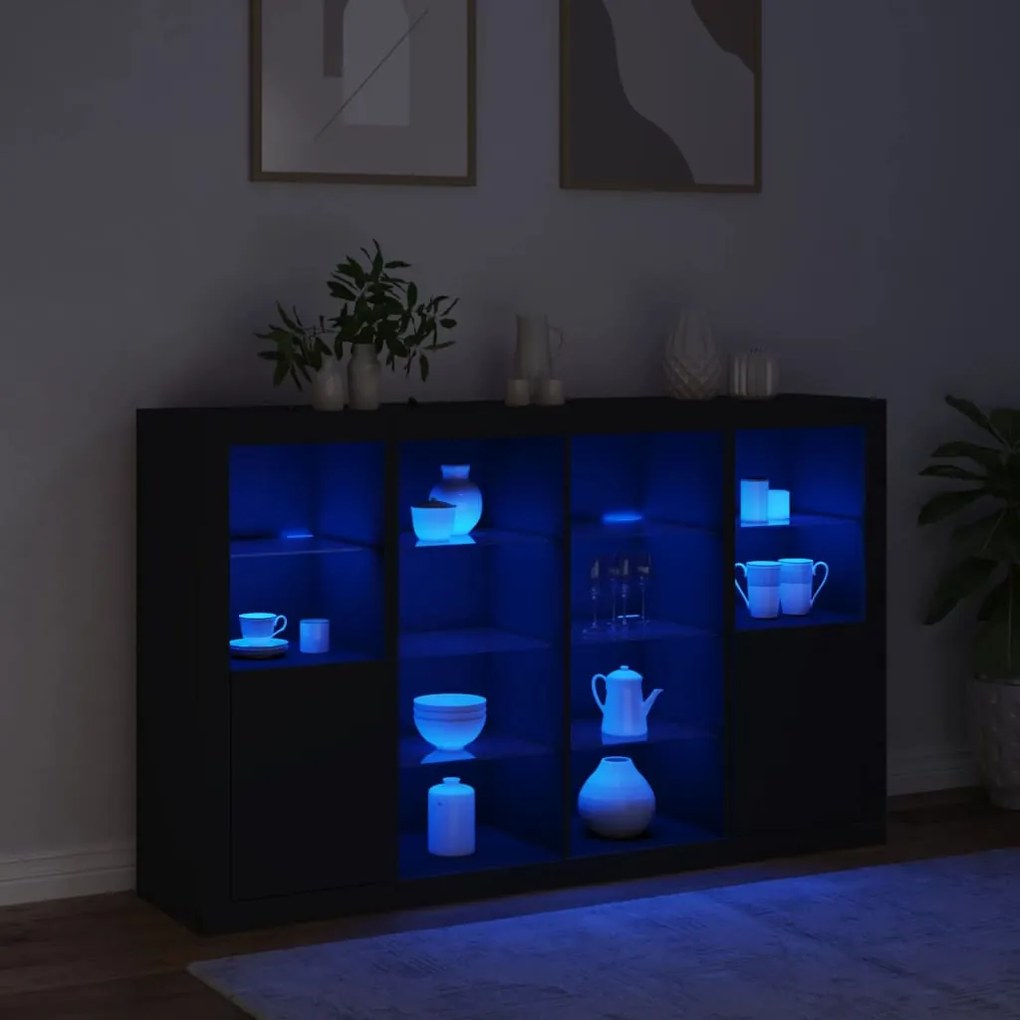 Aparadores c/ luzes LED 3 pcs derivados de madeira preto