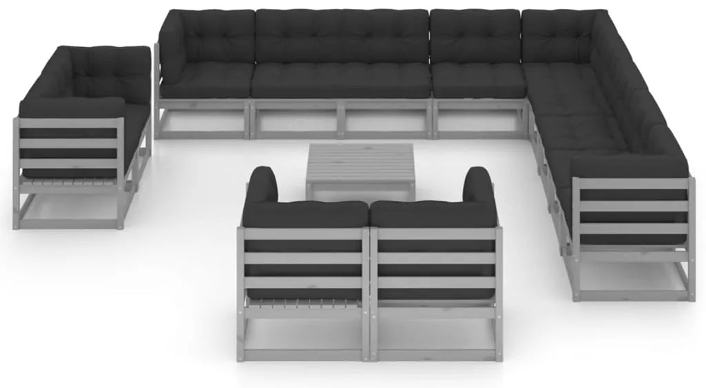 14pcs conjunto lounge de jardim + almofadões pinho maciço cinza