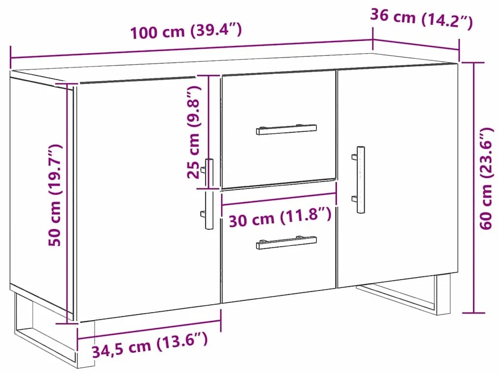 Sideboard vidaXL Preto Carvalho 100x36x60 cm Madeira de Engenharia