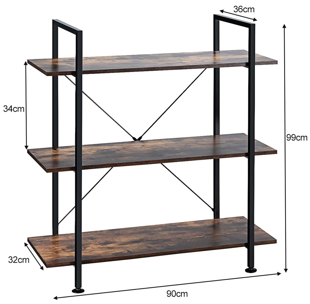 Estante industrial estável de 3 camadas com estrutura de metal para cozinha de escritório 90 x 36 x 99 cm Castanho