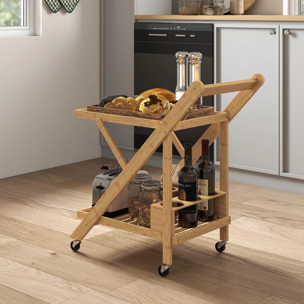 Carro de serviço de cozinha em bambu  66 x 40 x 70 cm, dobrável, com 2 tabuleiros, 4 rodas e 3 compartimentos para garrafas de vinho,, madeira natural