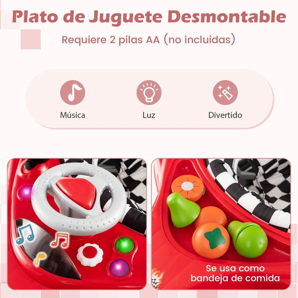 Andarilho dobrável convertível 4 em 1 3 níveis de altura ajustável Música e bandeja de alimentação Almofada almofadada para bebés 7-14 meses Vermelho