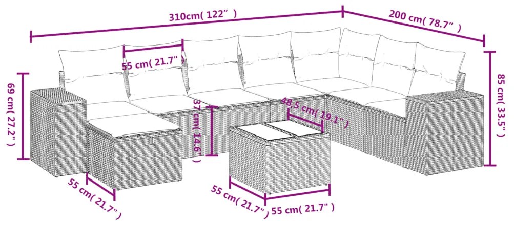 9 pcs conjunto de sofás p/ jardim com almofadões vime PE bege