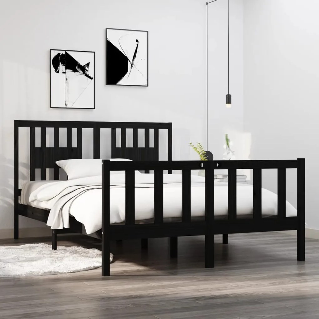 Estrutura de cama dupla 135x190 cm madeira maciça preto