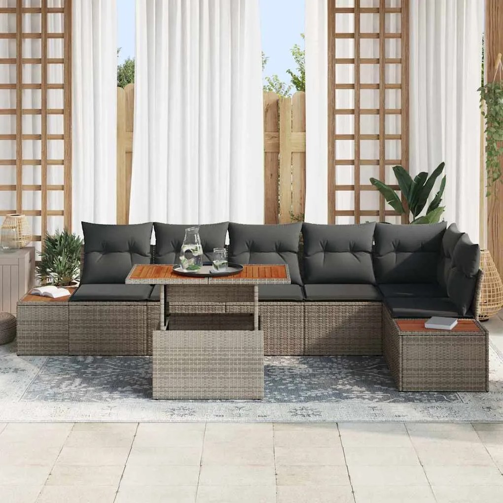 Conjunto de Jantar de Jardim com 7 Peças e Almofadas Cinza em Rattan P