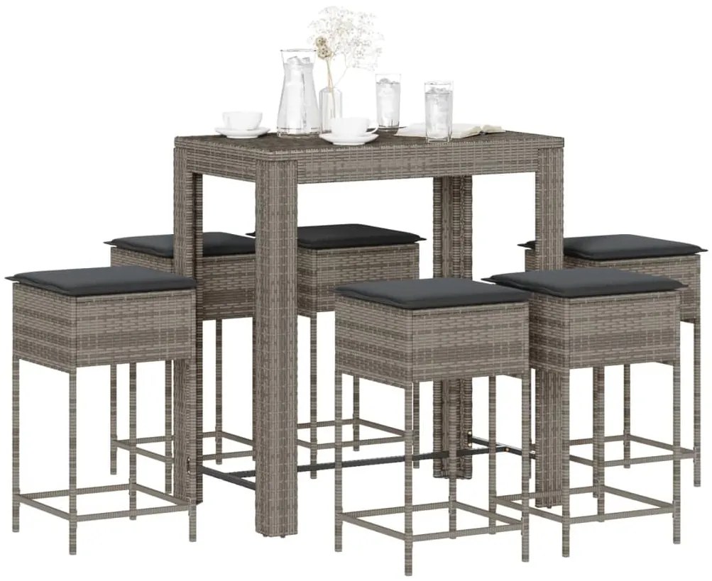 7 pcs conjunto de bar p/ jardim c/ almofadões vime PE cinzento