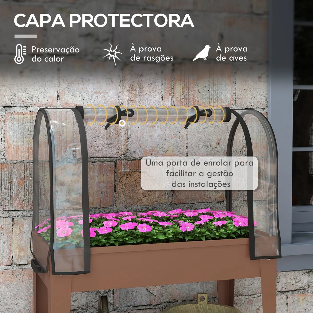 Mesa de Cultivo com Rodas 80x40x120 cm Horta Urbana Elevada com Cobertura de Estufa para Cultivar Plantas Flores Castanho