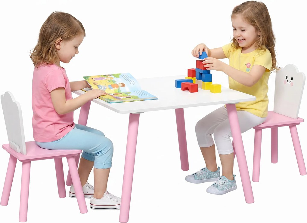 Conjunto Mesa e 2 Cadeiras para Crianças 3-6 Anos em Madeira com Cantos Arredondados, Tema Algodão Doce, Rosa
