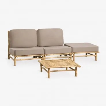 Conjunto De Jardim Com Sofá Modular De 2 Peças, Puff E Mesa De Centro Quadrada 75x75 Cm Em Bambu Isendra Tecido Castanho Moca - Sklum