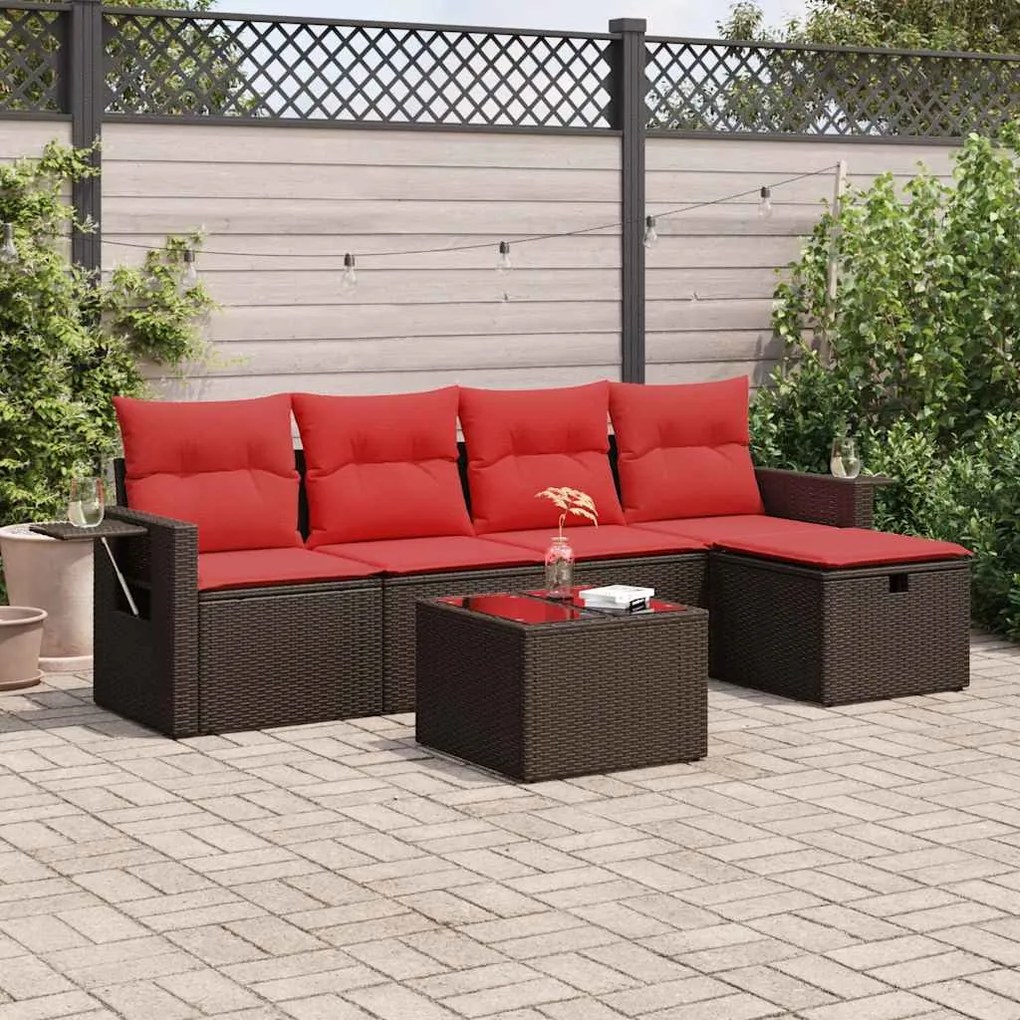 6 pcs conjunto de sofás jardim c/ almofadões vime PE castanho