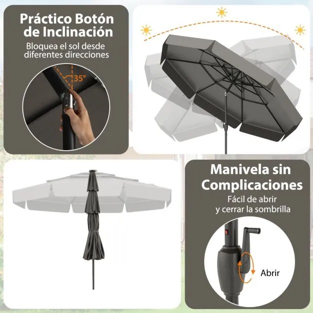 Guarda-sol solar de 300 cm com 32 luzes LED, parte superior ventilada com 3 níveis e ajuste de inclinação - cinzento