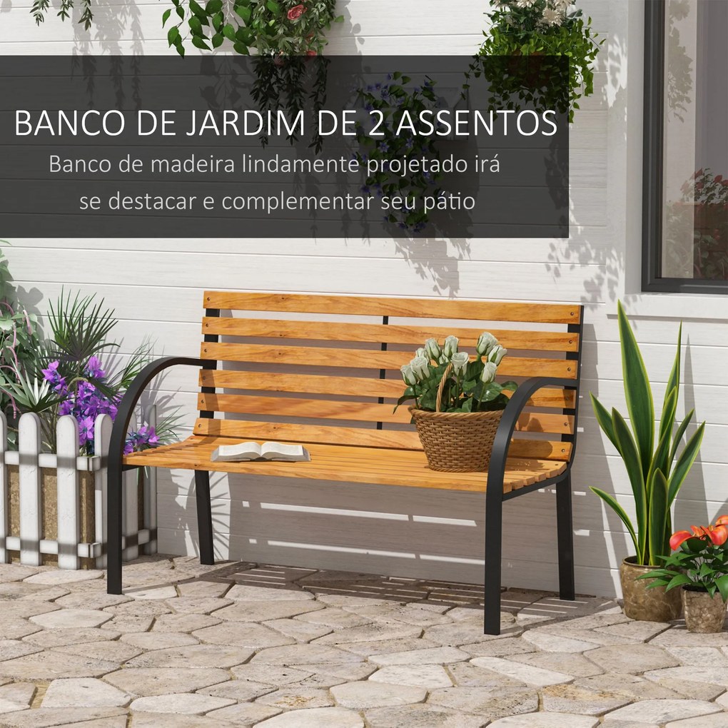 Outsunny Banco de jardim 2 lugares com encosto e apoios de braços Ripa