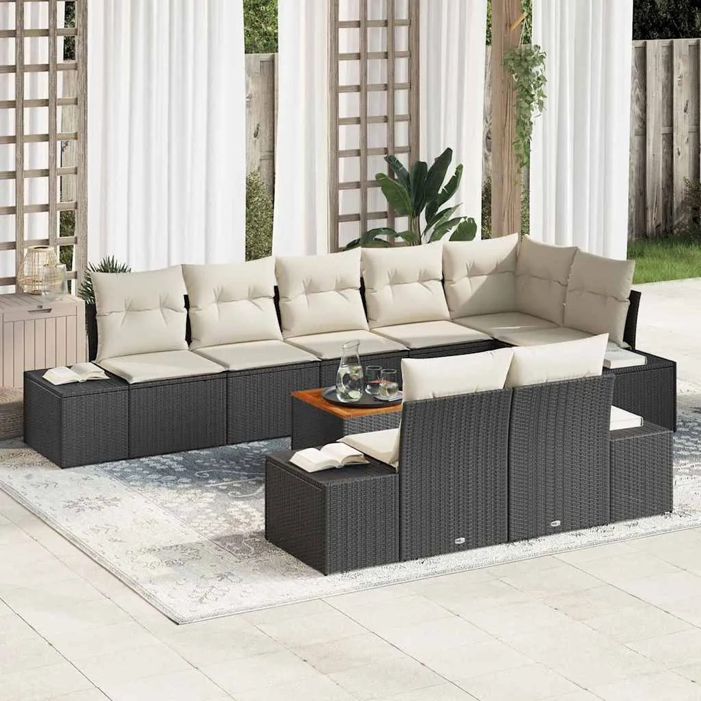 vidaXL Conjunto de Sofá de Jardim de 9 Peças com Almofadas Pretas em Rattan Sintético e Acácia