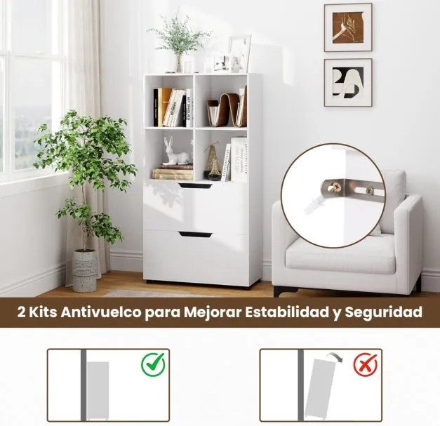 Estante de 4 cubos 70 x 33,5 x 130 cm com 2 gavetas de 5 níveis Design moderno em madeira para sala ou escritório Branco