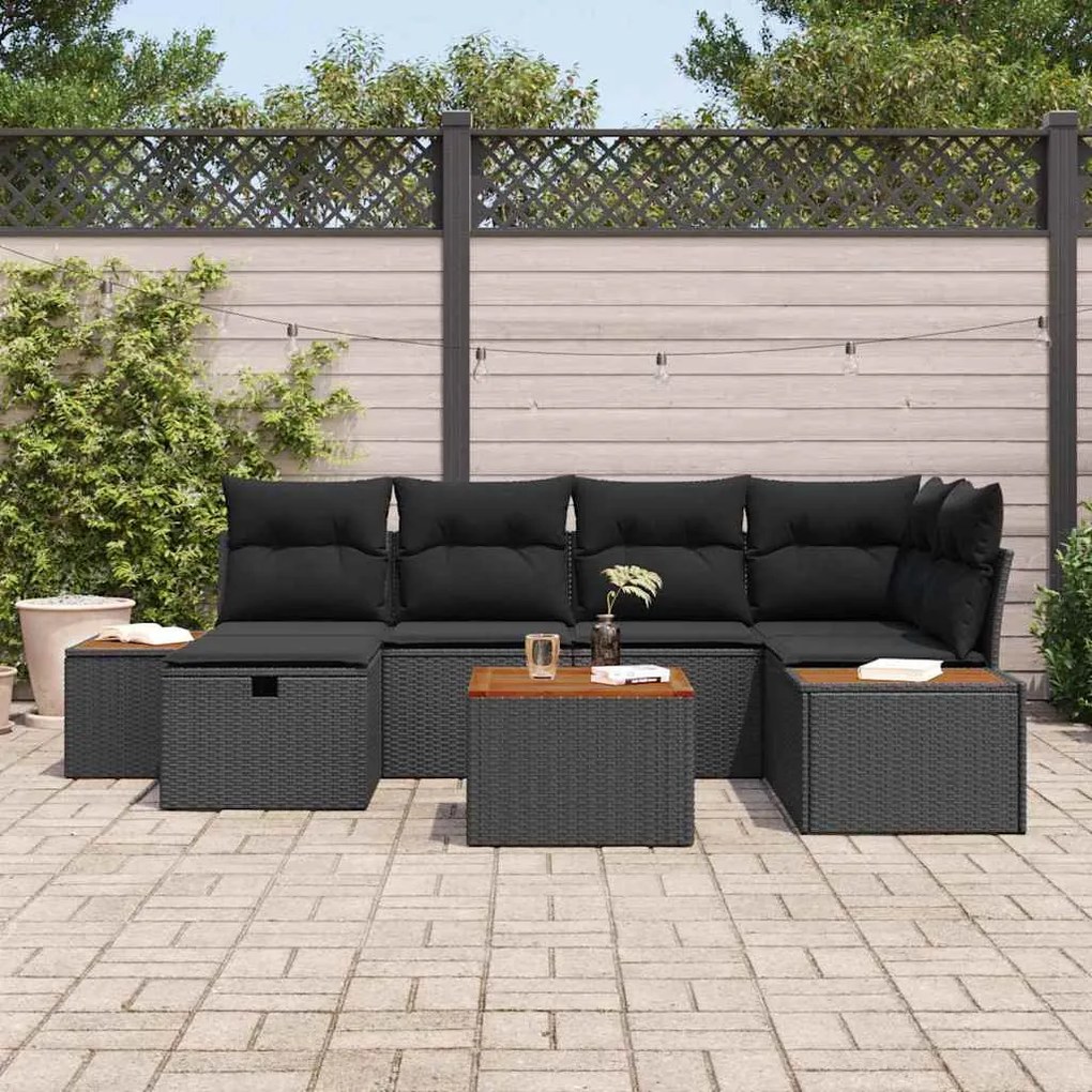 Conjunto de Sofá de Jardim vidaXL de 7 Peças com Almofadas Preto Polir