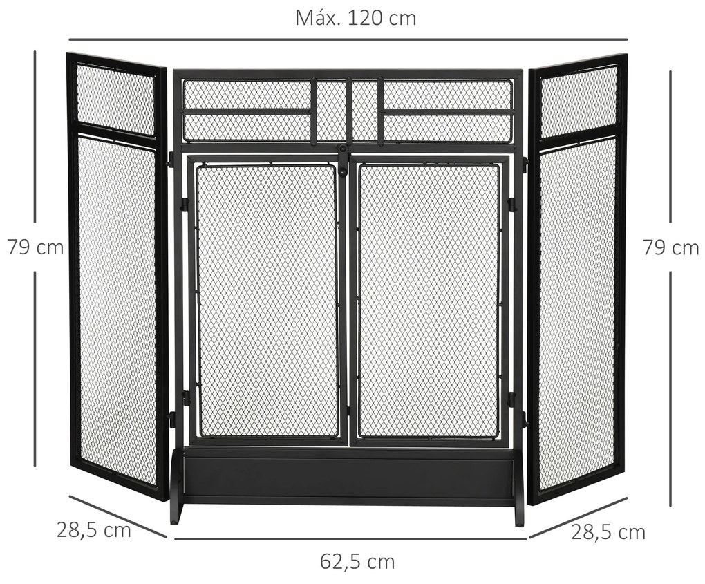 Frente de Lareira Dobrável Frente para Lareira com 3 Painéis com Porta Dupla e Pés Adicionais Estrutura de Metal 120x11,5x79cm Preto