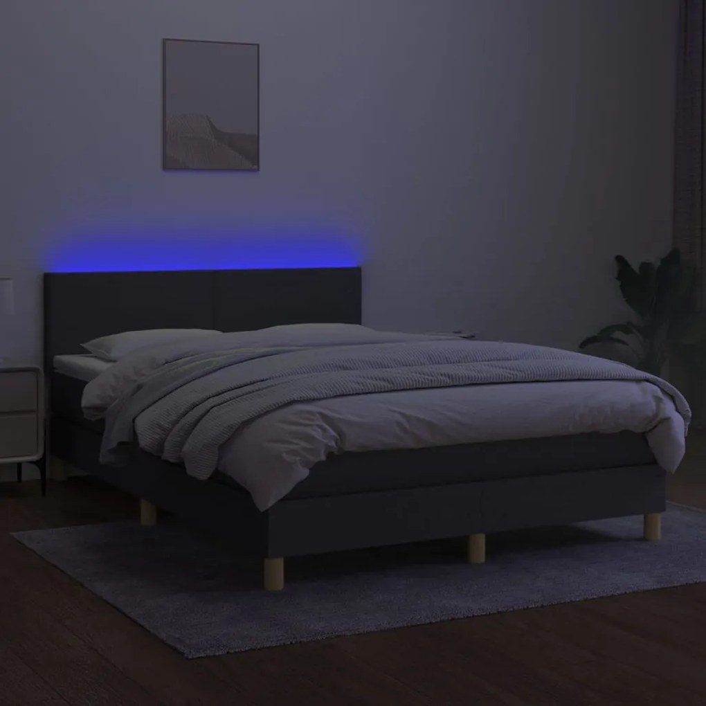 Cama box spring c/ colchão e LED 140x190 cm tecido cinza-escuro