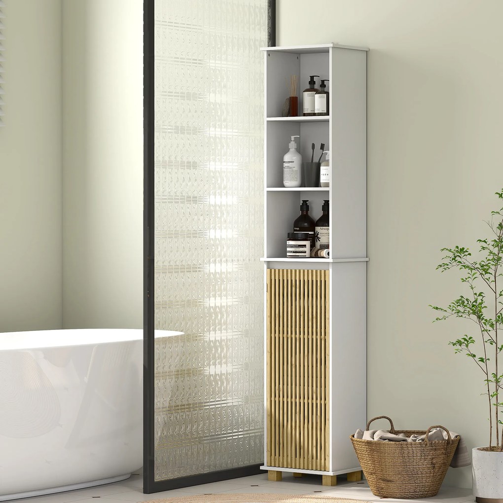 Armário de casa de banho, móvel de arrumação para casa de banho com porta de ripas de bambu e compartimentos abertos 35 x 26 x 173 cm branco
