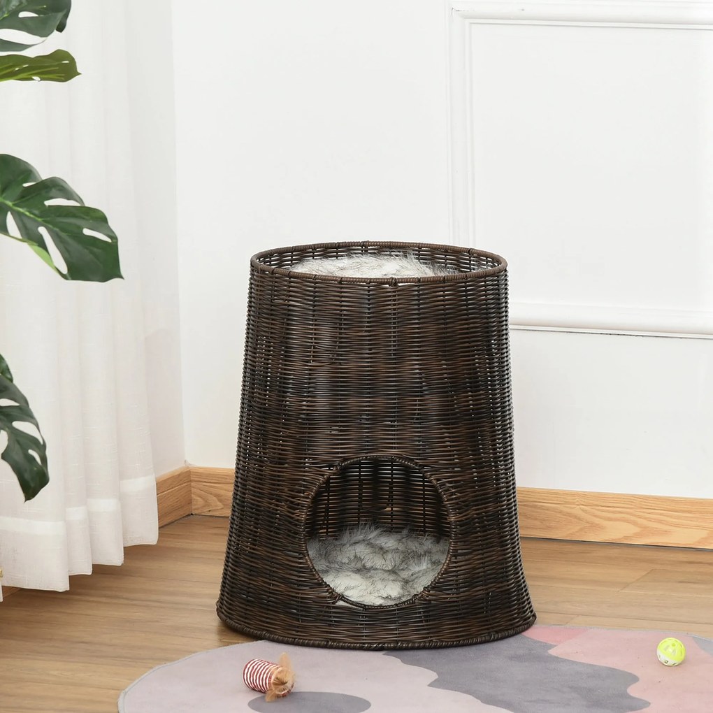 PawHut Cesta de Vime para Gatos Cama Caverna de 2 Níveis com Almofadas