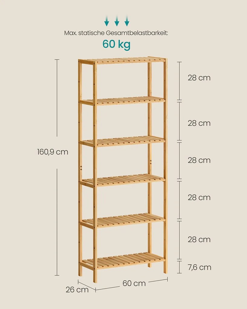 Estante de bambu com 6 prateleiras ajustáveis 26 x 60 x 160,9 cm Bege natural