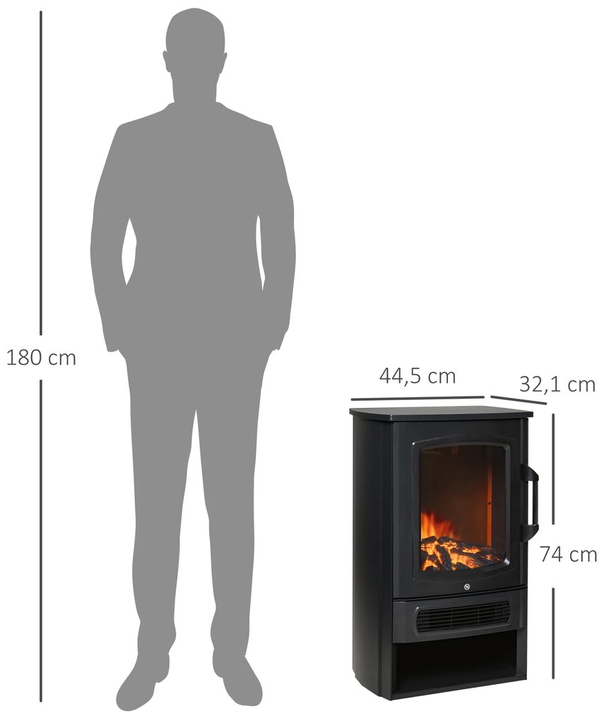 HOMCOM Lareira Elétrica Potência de 2 Níveis 1000W ou 2000W com Efeito de Chama Termostato e Proteção contra Superaquecimento até 25m² 44,5x32,1x74cm Preto