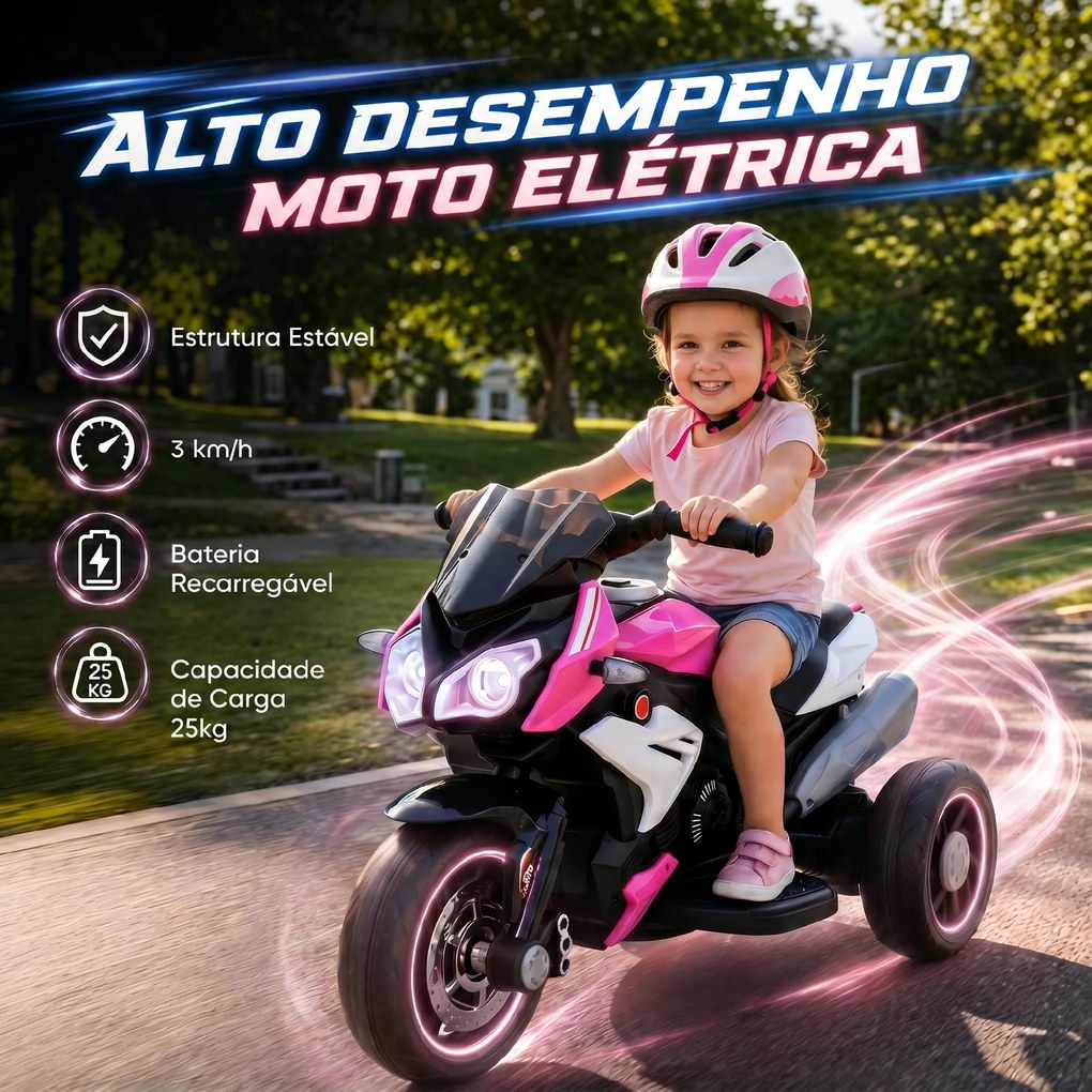 Mota Elétrica Infantil 6V de 3 Rodas com Pedal, Farol LED, Música e Buzina para Crianças de 3 a 5 Anos, Rosa