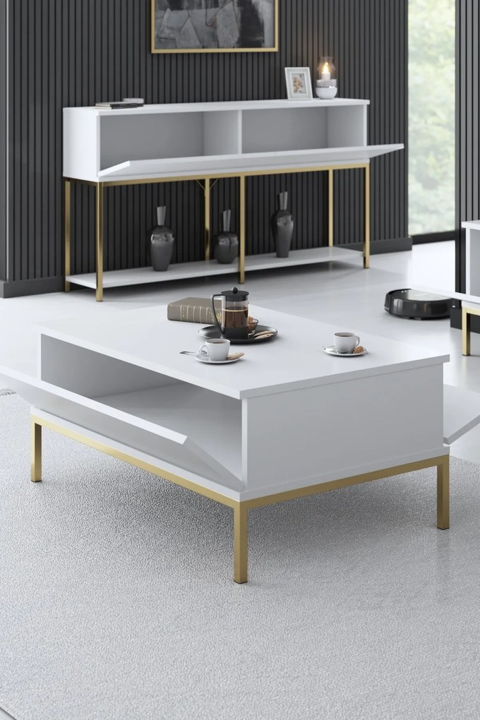 Mesa de Centro Lord – Branco e Dourado – 90x40x60 cm