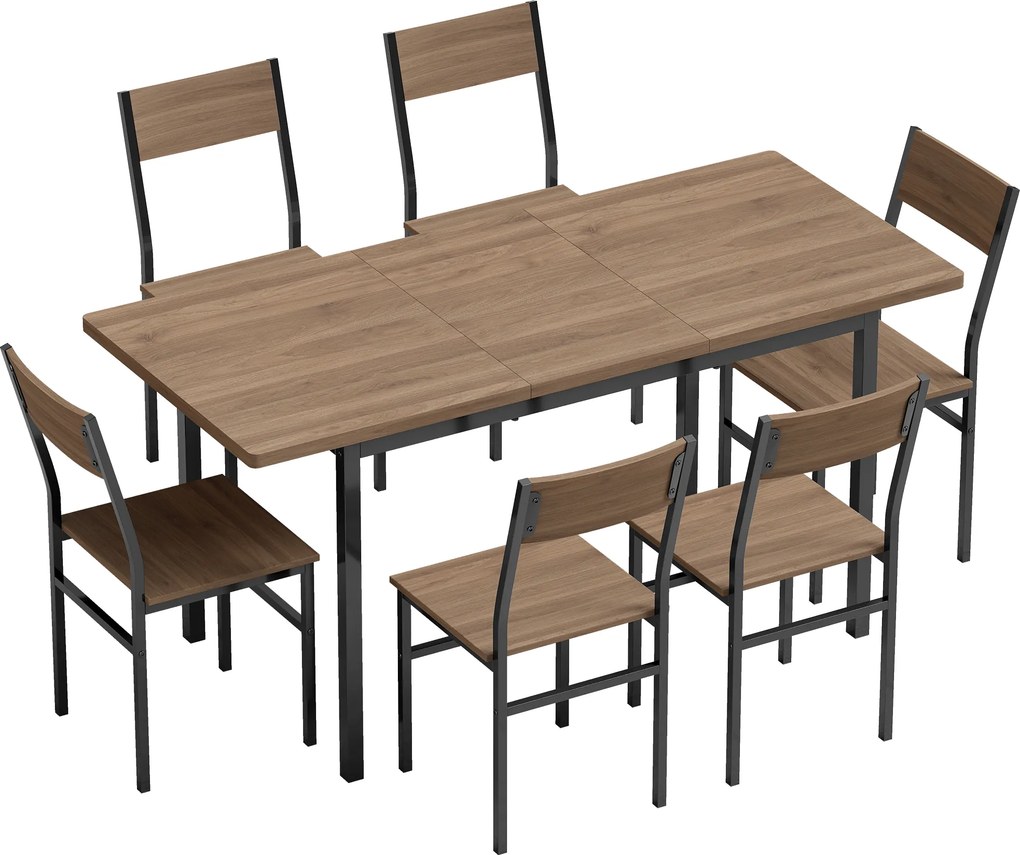 Conjunto de Mesa de Jantar Extensível 120-160 cm e 6 Cadeiras Empilháveis para 4-6 Pessoas Castanho Efeito Madeira