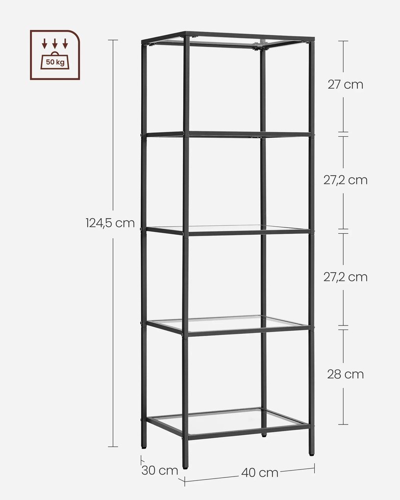 Estante com 5 prateleiras de fácil montagem 30 x 40 x 124,5 cm Preto e transparente