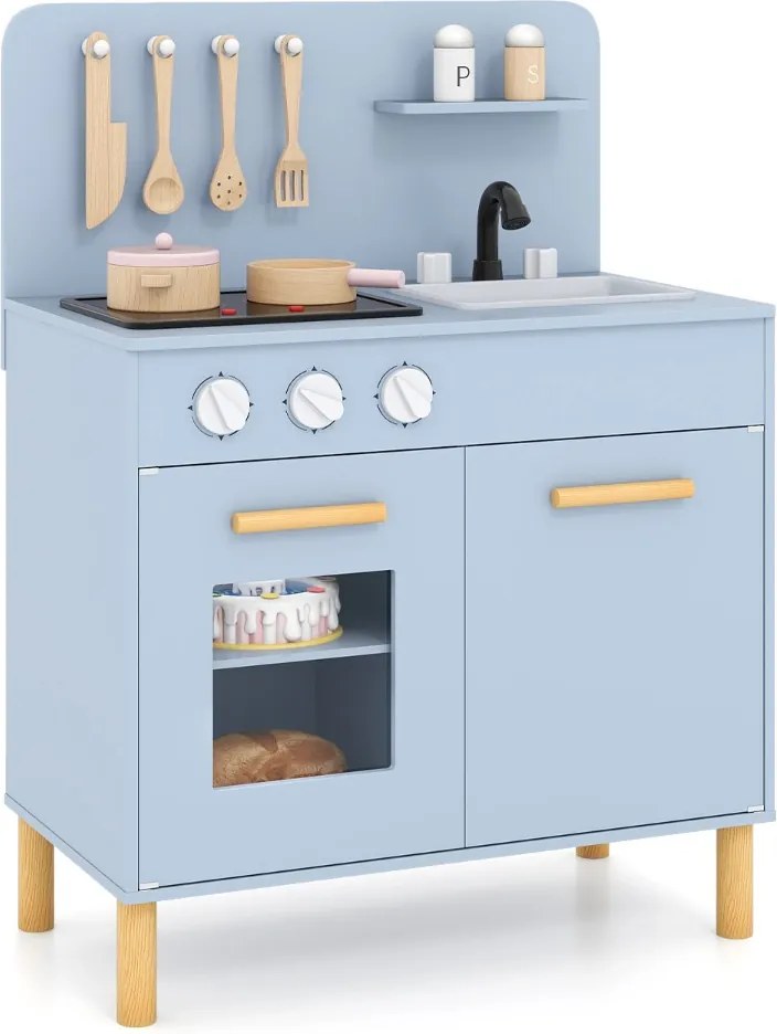 Cozinha de brincar infantil 55 x 31 x 75 cm com luzes, sons, fogão, forno e acessórios de madeira. Presente para crianças com mais de 3 anos. Azul