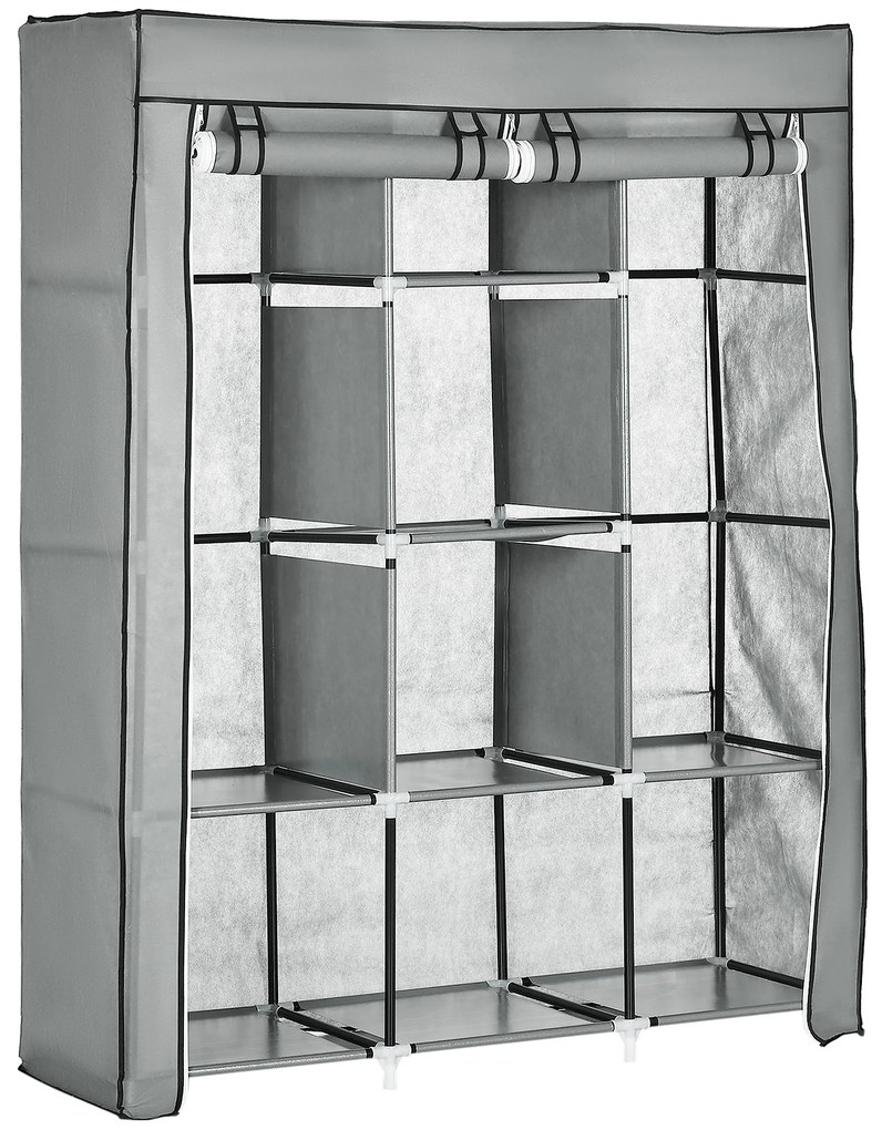 HOMCOM Roupeiro de Tecido Dobrável Armário Portátil com 8 Prateleiras de Armazenamento e 2 Barras de Pendurar Organizador de Roupa para Dormitório Vestidor 125x43x162,5cm Cinza Claro