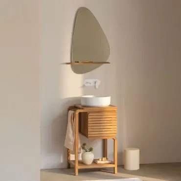 Conjunto De Móveis De Banheiro Em Madeira De Teca Bradley Cerâmica Redonda Branca Ø40 Cm Lenka & Irregular Com Prateleira De Madeira 55x85 - Sklum