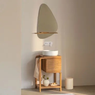Conjunto De Móvel De Casa De Banho Em Madeira De Teca Bradley Cerâmica Redonda Branca Ø40 Cm Lenka & Branco Para Pia Embutida Com Válvula De Drenagem