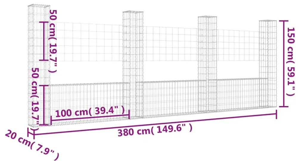 Cesto gabião em forma de U c/ 4 postes 380x20x150 cm ferro