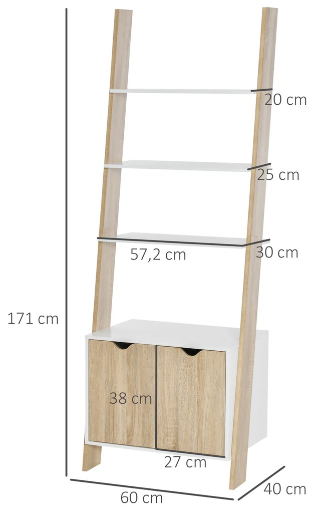 Estante em Forma de Escada de Madeira com 3 Prateleiras e 1 Armário Estante de Estilo Nórdico Moderno 60x40x171cm Carvalho e Branco