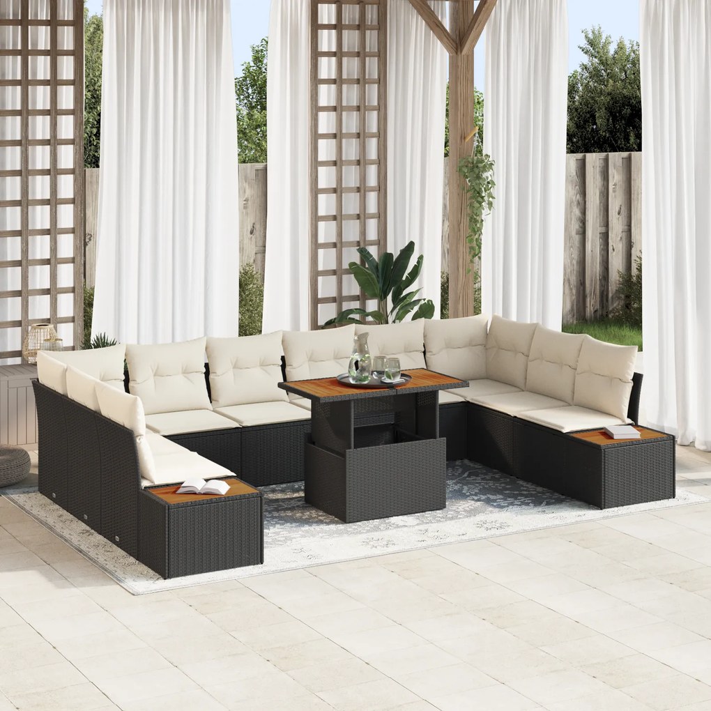 Conjunto de Sofá de Jardim de 11 Peças com Almofadas Preto Rattan Poly