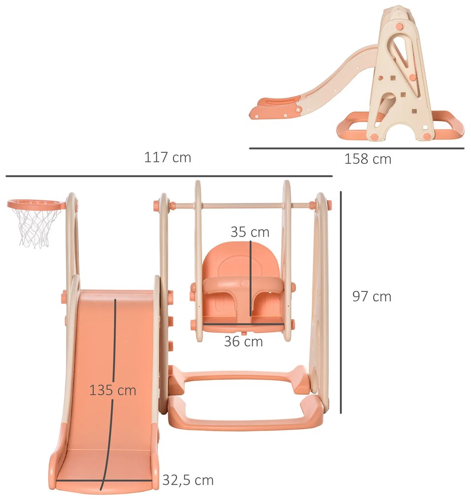 Baloiço e Escorrega para Crianças acima de 18 Meses Cesta de Basquetebol 3 em 1 com Assento Ajustável Parque Infantil Interior e Exterior 158x117x97cm Coral
