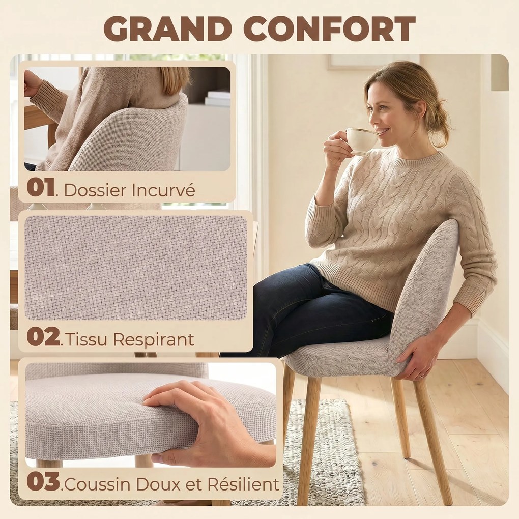 Conjunto de 2 Cadeiras de Jantar, 52 x 46 x 76 cm, Encosto Curvo, Creme