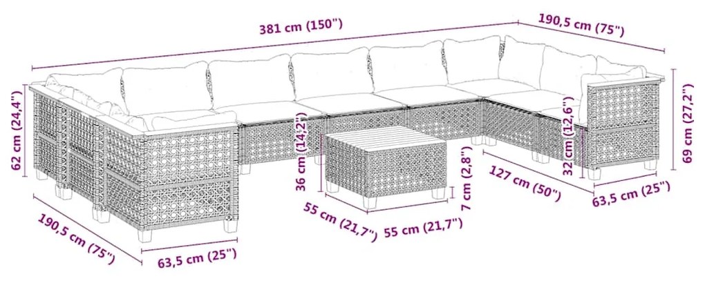 11 pcs conjunto sofás de jardim c/ almofadões vime PE bege