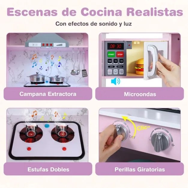 Cozinha de canto brincar em madeira 100 cm x 50 cm x 81 cm com lavatório separado Sons e luzes divertidos para crianças com mais de 3 anos Rosa