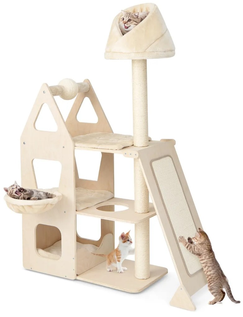 Arranhador para gatos Torre de madeira para gatos com 165 cm de altura com bola e postes para início Móveis para centro de atividades natural