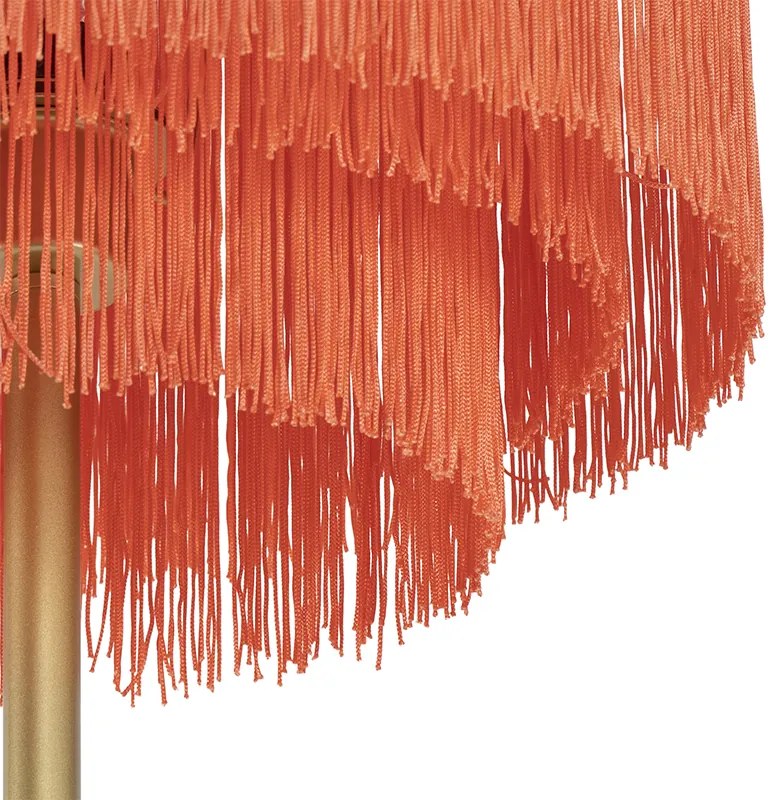 Candeeiro de pé oriental dourado com cúpula cor-de-rosa com franjas - Franxa Oriental