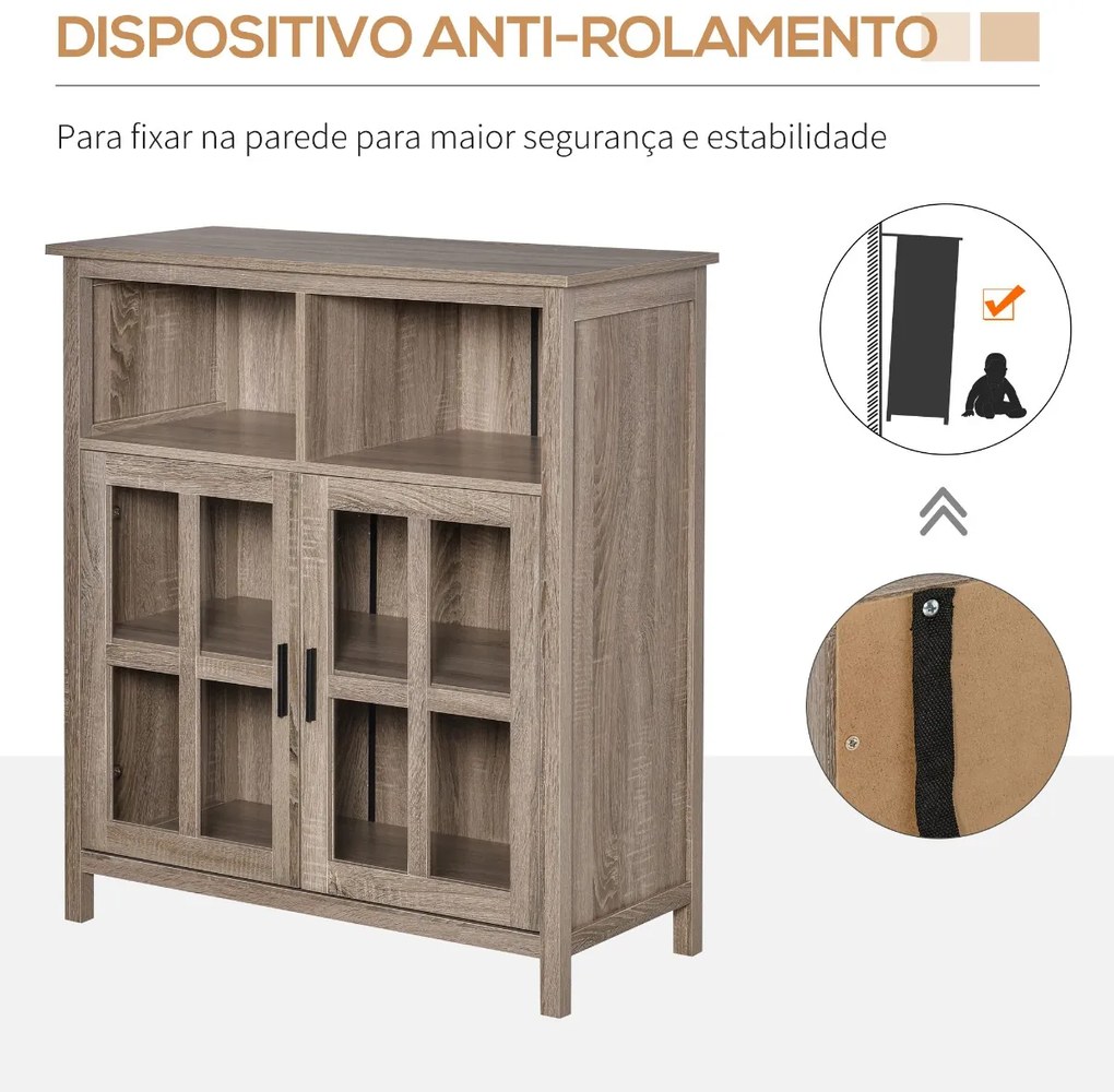 Aparador de Cozinha Armário Buffet com 2 Portas de Vidro e 2 Compartimentos Abertos Móvel Auxiliar de Armazenamento para Sala de Jantar Sala de