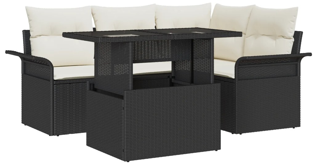 Conjunto de Sofá de Jardim de 5 Peças com Almofadas Preto Vime PE