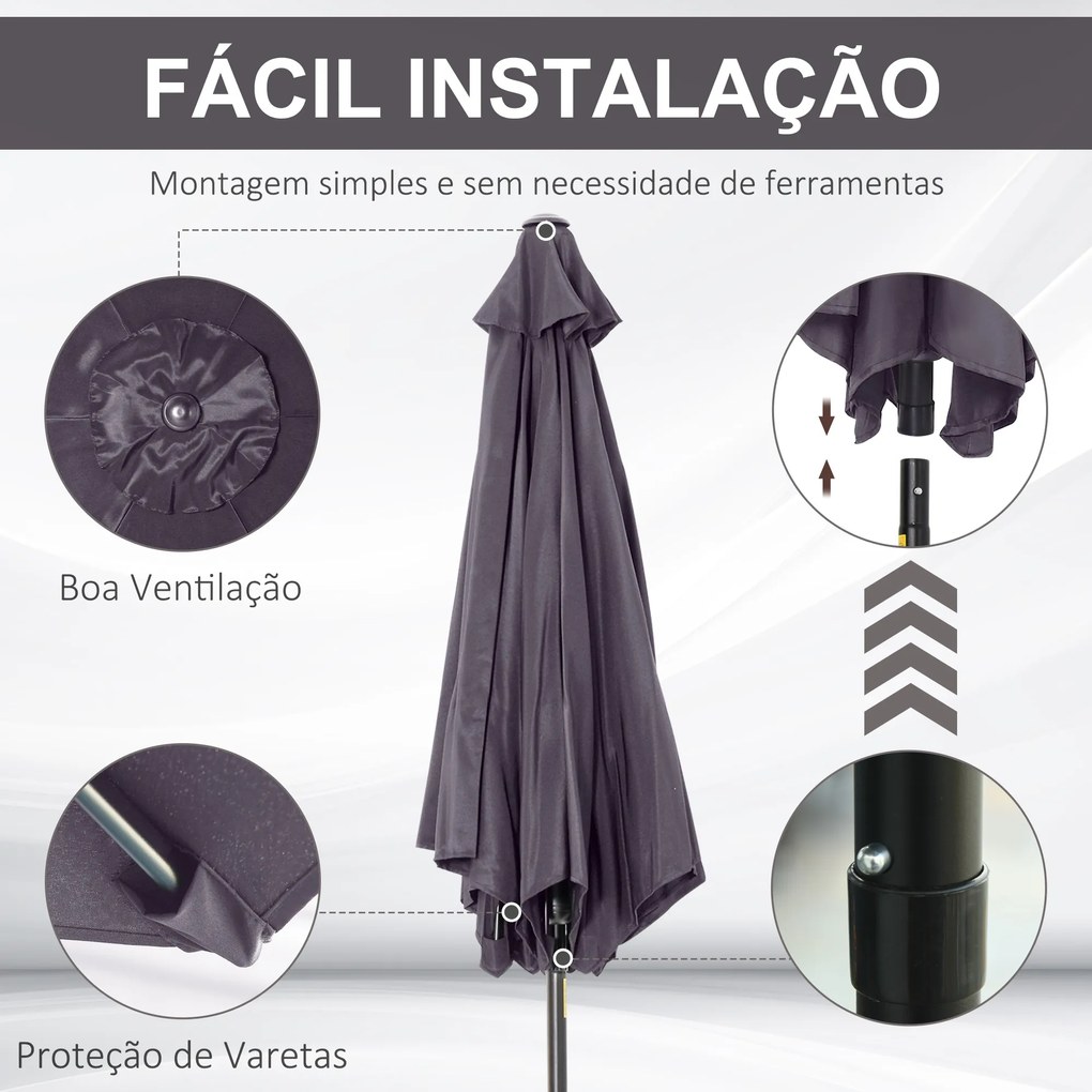 Outsunny Chapéu de Sol de Jardim Ø270x235cm Chapéu de Sol de Alumínio Reclinável com Manivela e 6 Hastes para Terraço Exterior Balcão Cinza