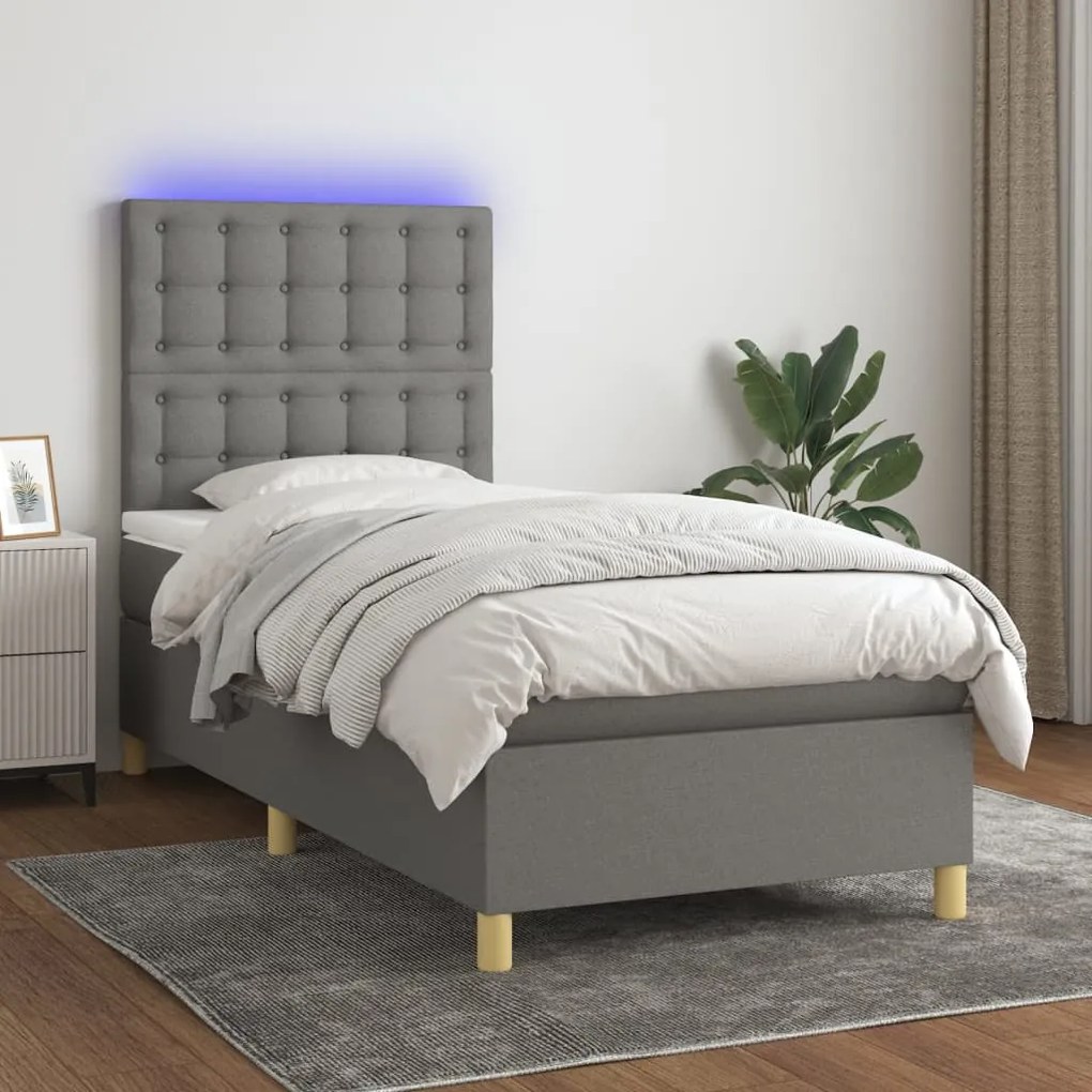 Cama box spring c/ colchão e LED 80x200 cm tecido cinza-escuro