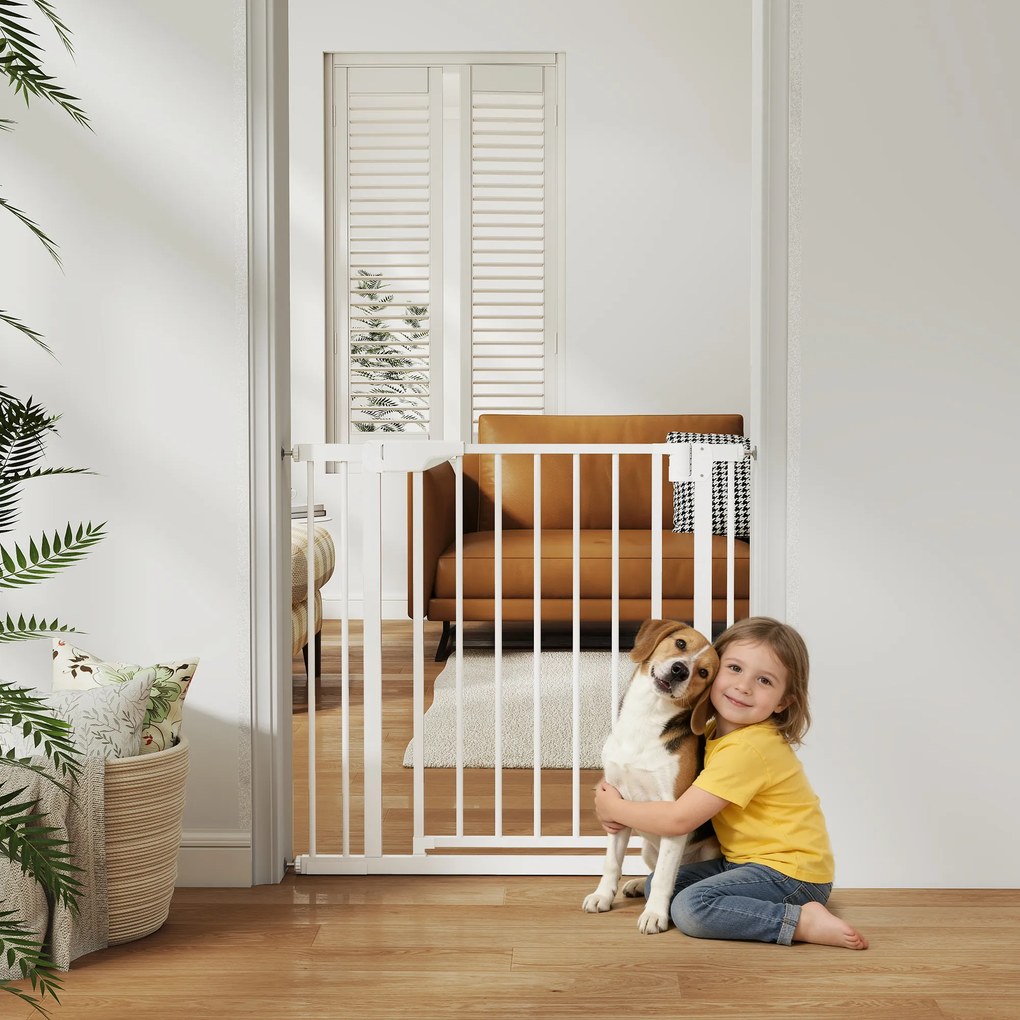 Barreira de Segurança para Crianças e Cães Largura 76-89 cm Bloqueio Duplo Fecho Automático Abertura em Dois Sentidos e Extensão de 7 cm Branco